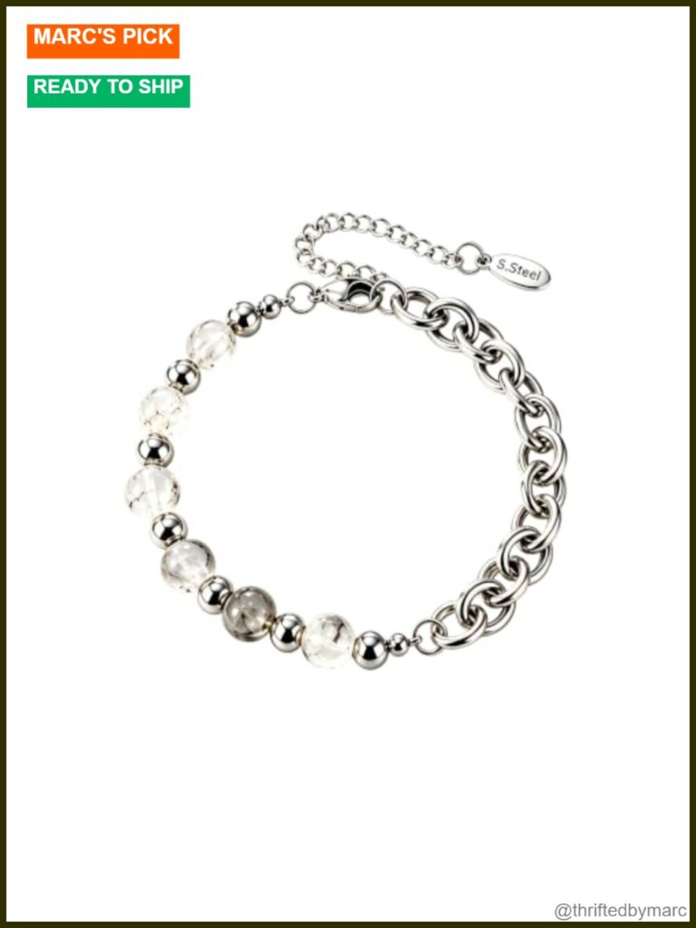 Stainless Steel Natural Crystal Beaded Cuban Link Bracelet Adjustable